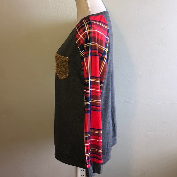 NEW PLAID SEQUIN POCKET Blouse - Picture 6 of 7